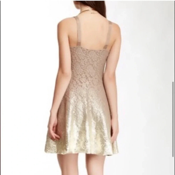 NWT Free People Ombre Foil Lace Fit & Flare Mini Dress Size S Cream Gold - Picture 2 of 16